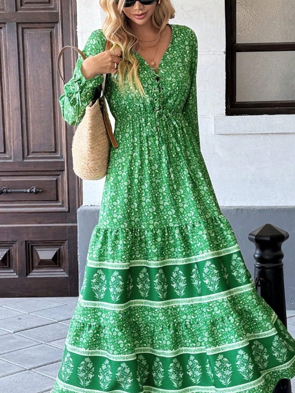 Green Boho Women's Floral Print Knot Front Flounce Sleeve Ruffle Hem Maxi Dress